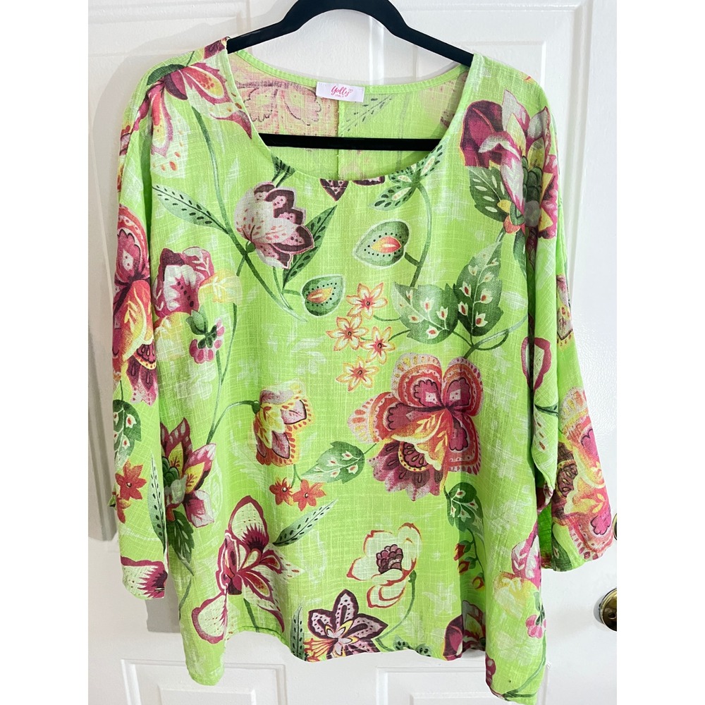 Yolly Made in Italy Green Floral 100% Cotton Boxy Tunic Top XL–1X Elbow Sleeve
